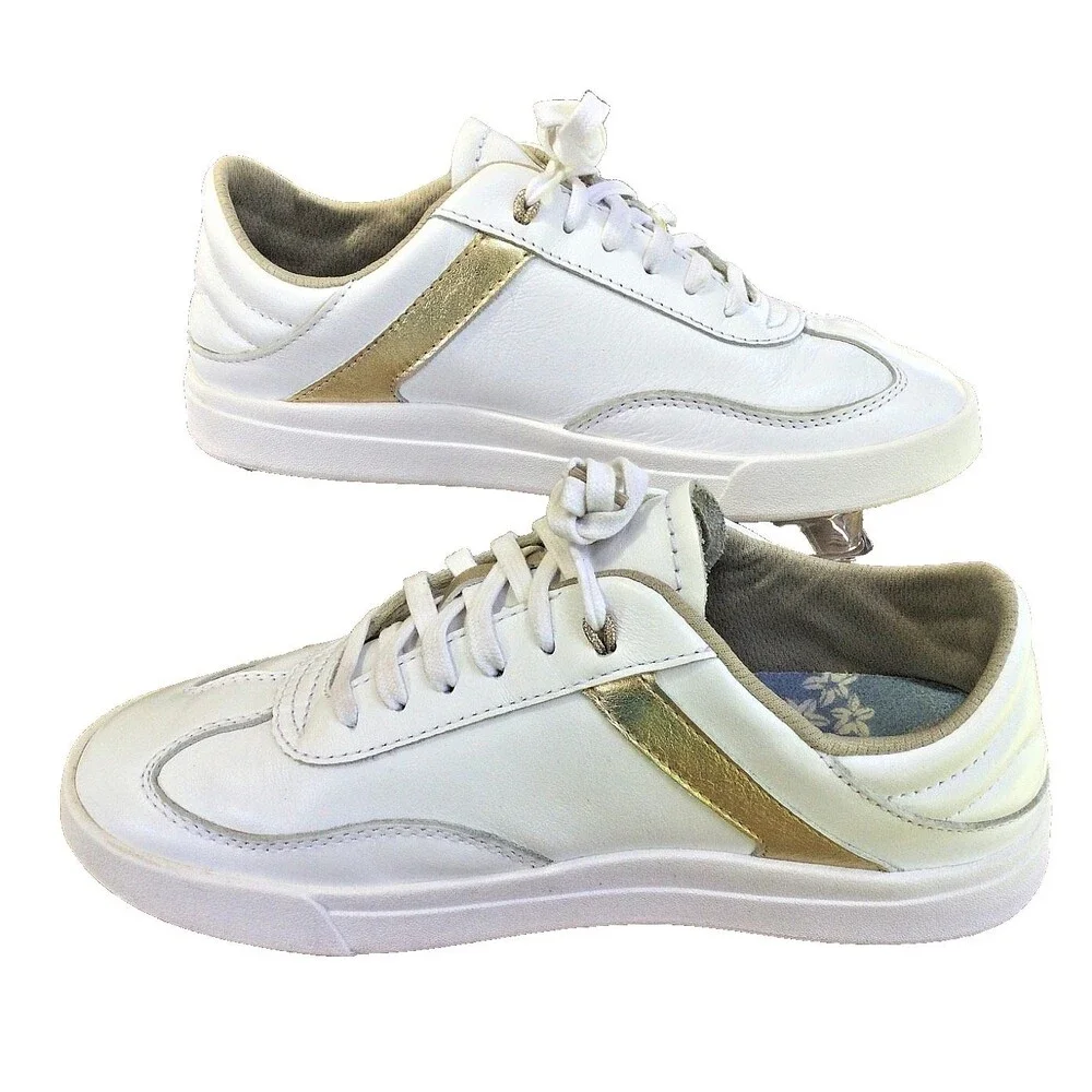 Olukai Ha'upu US 7 Full Grain Leather Sneaker Tennis Shoe Slide White Gold EU 37